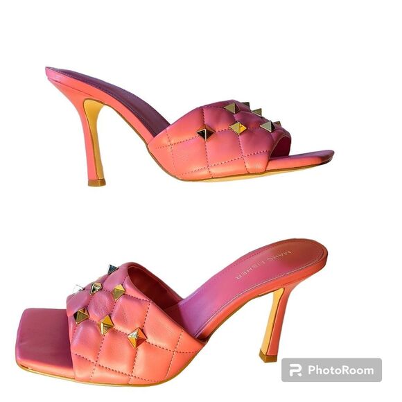 NWT Marc Fisher Pink Square Toe Quilted Kitten Heel Mules Gold Studded Feminine - Picture 3 of 6